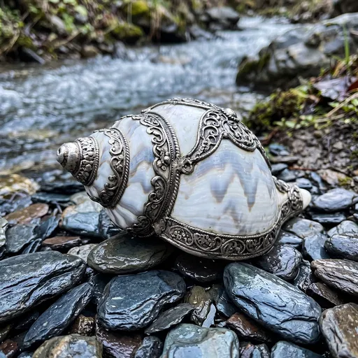 Ornate Conch Shell on Wet Stream Pebbles