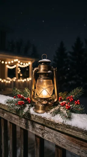Glowing Brass Lantern on Snowy Porch