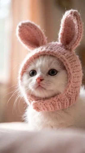 White Kitten in Pink Bunny Hat