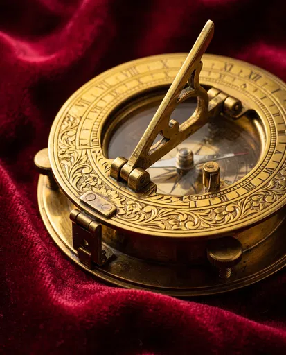 Ornate Brass Sundial Compass on Crimson Velvet