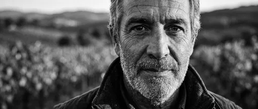 Monochrome Portrait of Older Man in Vineyard