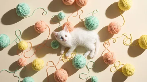 White Kitten Among Pastel Yarn Balls