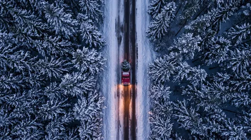 Red Pickup Truck on Snowy Forest Road