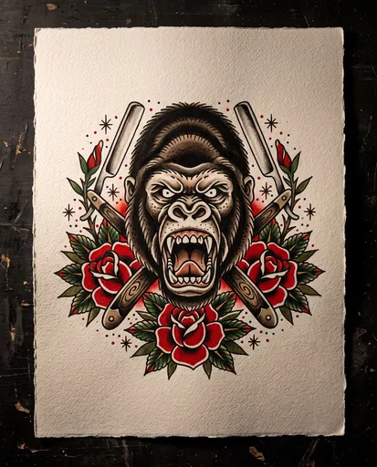 Traditional Gorilla and Roses Tattoo Flash