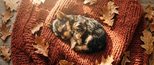 Sleeping Yorkie Puppy on Knit Blanket