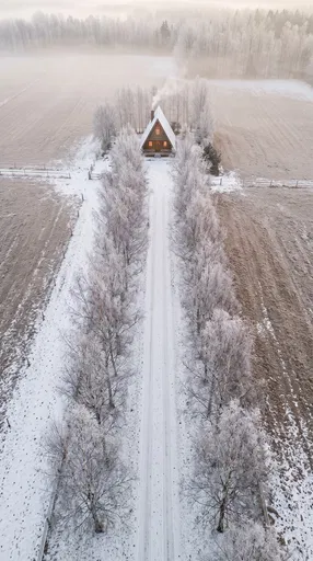 Aerial View of Winter A-Frame Cabin