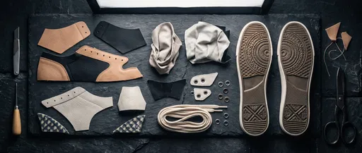 Deconstructed Sneaker Components Flat Lay on Slate