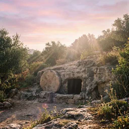 Empty Limestone Tomb at Dawn Sunrise