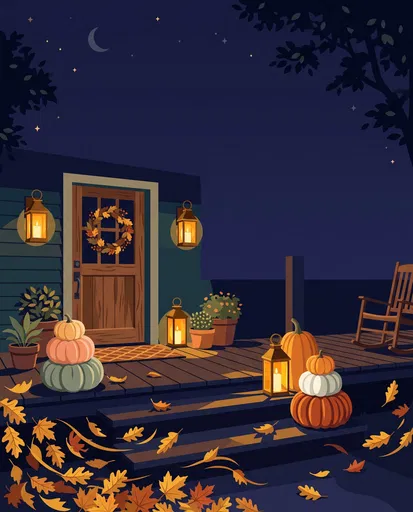 Cozy Autumn Porch at Night Illustration