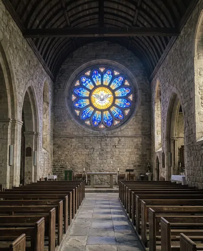 Stone Chapel Interior With Dove Stained Glass