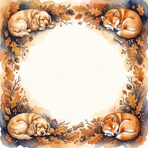 Watercolor Autumn Sleeping Dogs Border Frame
