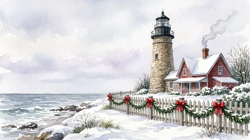 Winter Stone Lighthouse Watercolor Illustration