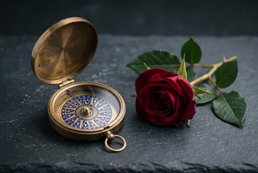 Brass Compass and Red Rose on Slate