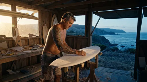 Tattooed Surfer Working on Board in Shed