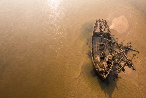 Aerial View of Sunken Wooden Shipwreck
