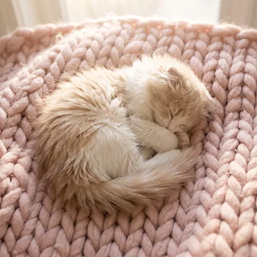 Sleeping Highland Fold Kitten on Knit Blanket