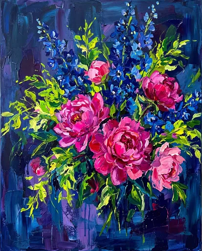 Expressive Acrylic Painting of Peonies and Delphiniums