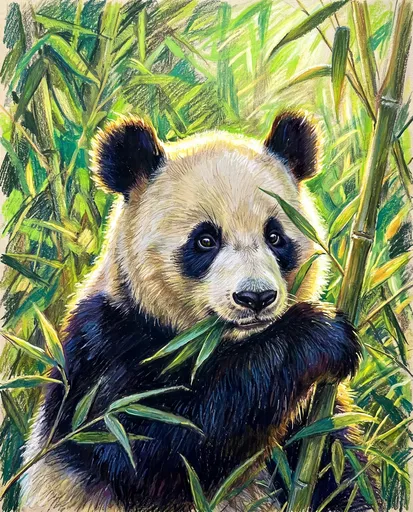 Pastel Drawing of Giant Panda in Bamboo