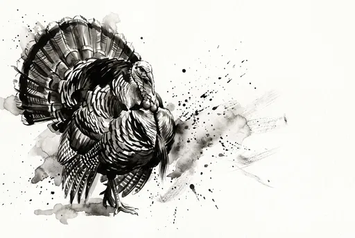 Monochrome Ink Wash Wild Turkey Illustration