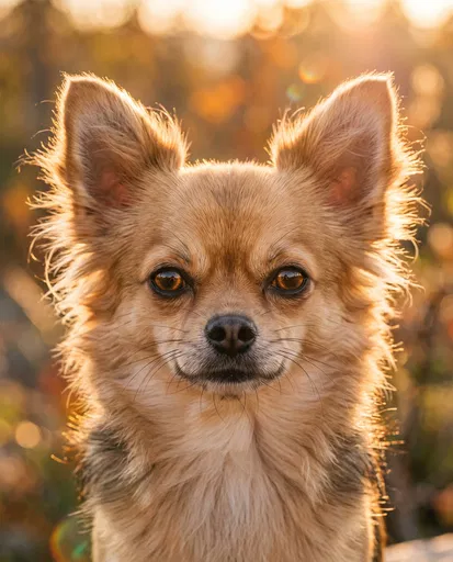 Backlit Golden Long-Haired Chihuahua Portrait