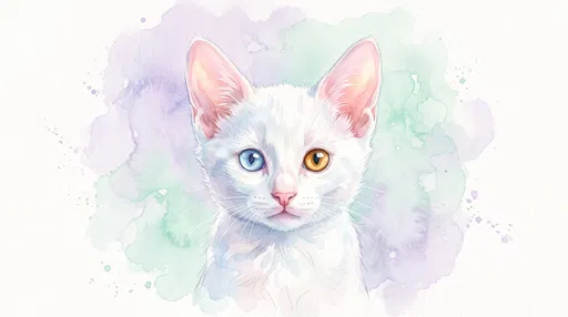 Watercolor Portrait of Odd-Eyed White Kitten