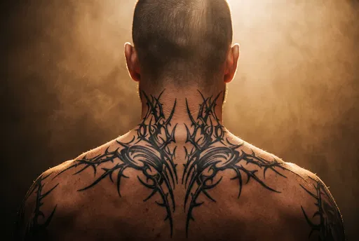 Backlit Man With Neck and Back Tattoo
