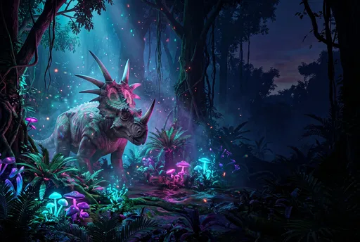 Styracosaurus in Bioluminescent Prehistoric Forest at Night