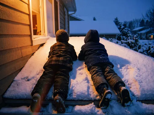 Two Children Lying on Snowy Roof