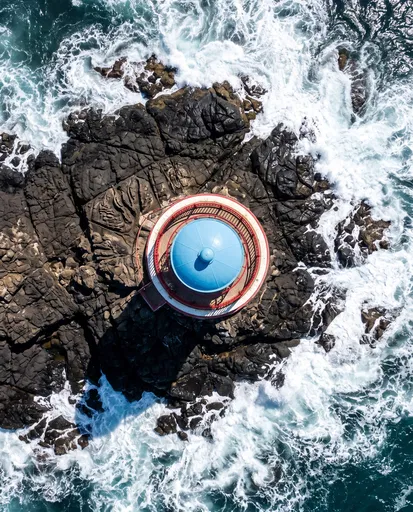 Top-Down Aerial View of Blue Lighthouse