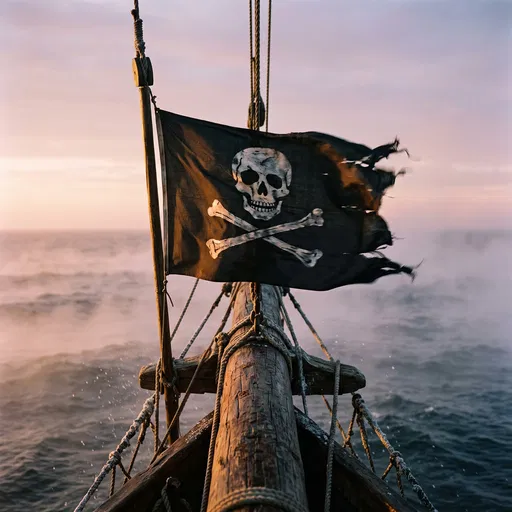 Tattered Pirate Flag on Ship Bowsprit