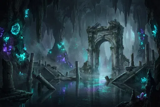 Subterranean Lake with Glowing Crystal Ruins