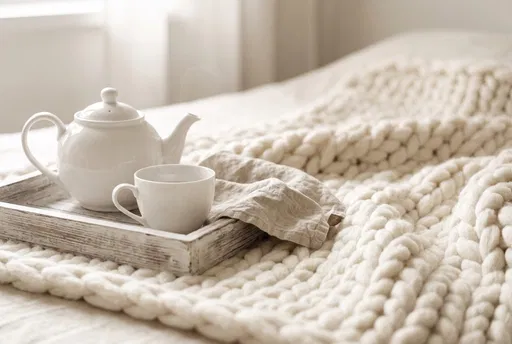 White Teapot On Cozy Knit Blanket