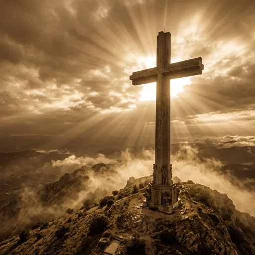 Monumental Hilltop Cross in Sepia Sunrise