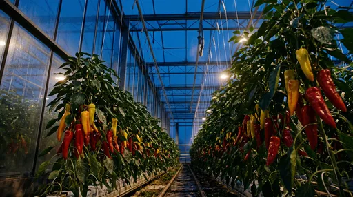 Sweet Peppers Growing in Greenhouse at Dusk
