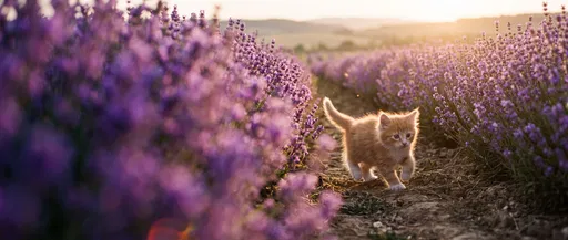 Ginger Kitten Walking in Lavender Field