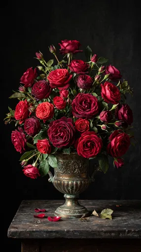 Crimson Roses in Weathered Bronze Urn