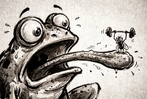 Cartoon Frog and Weightlifting Fly Ink Illustration