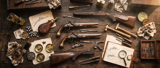 Antique Flintlock Pistols on Collector Workbench