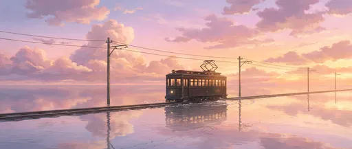 Vintage Tram Over Ocean at Sunset