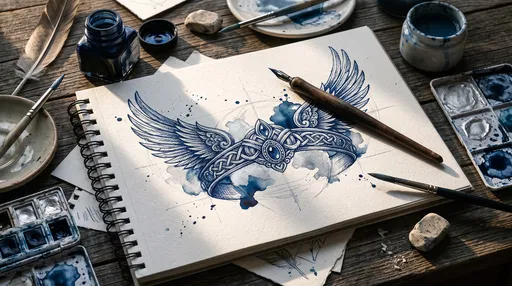 Blue Ink Sketch of Winged Nordic Diadem