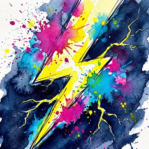 Vibrant Watercolor and Ink Lightning Bolt