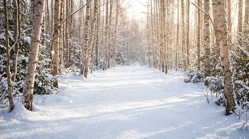 Sunlit Snowy Birch Forest Clearing