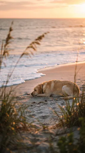 Yellow Labrador Resting on Sunset Beach