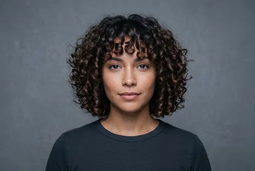 Studio Portrait of Woman with Curly Bob