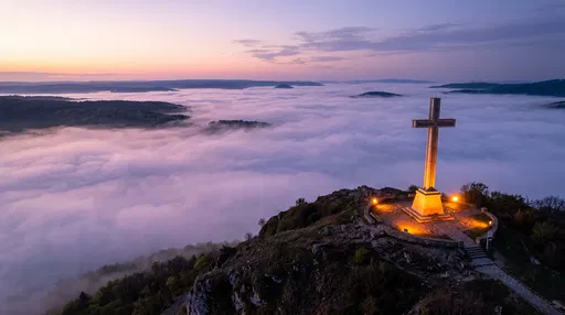 Illuminated Hilltop Cross Over Misty Dawn Valley