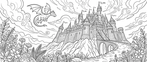 Fairytale Castle and Dragon Coloring Page