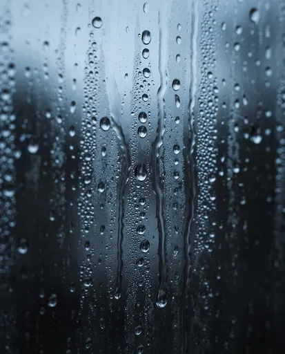 Macro Raindrops on Dark Blue Window