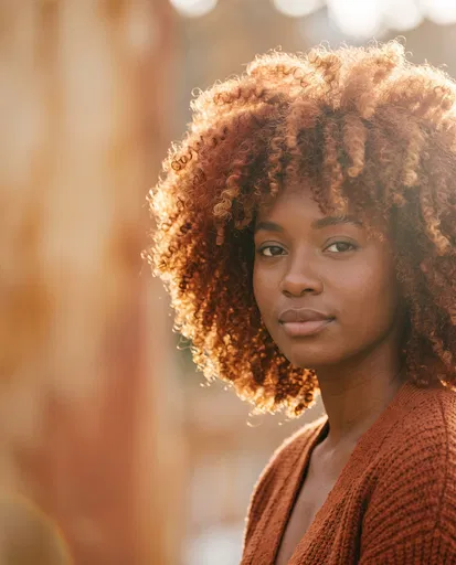 Backlit Woman with Copper Afro Curls