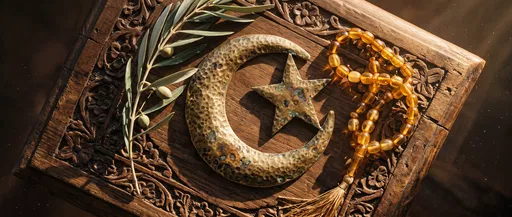 Brass Crescent and Star on Carved Wood