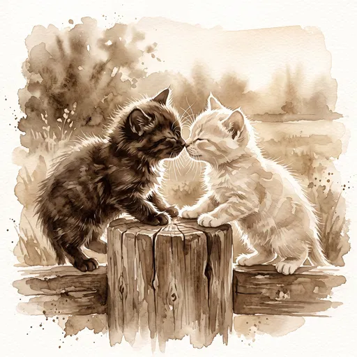 Sepia Watercolor Kittens Touching Noses